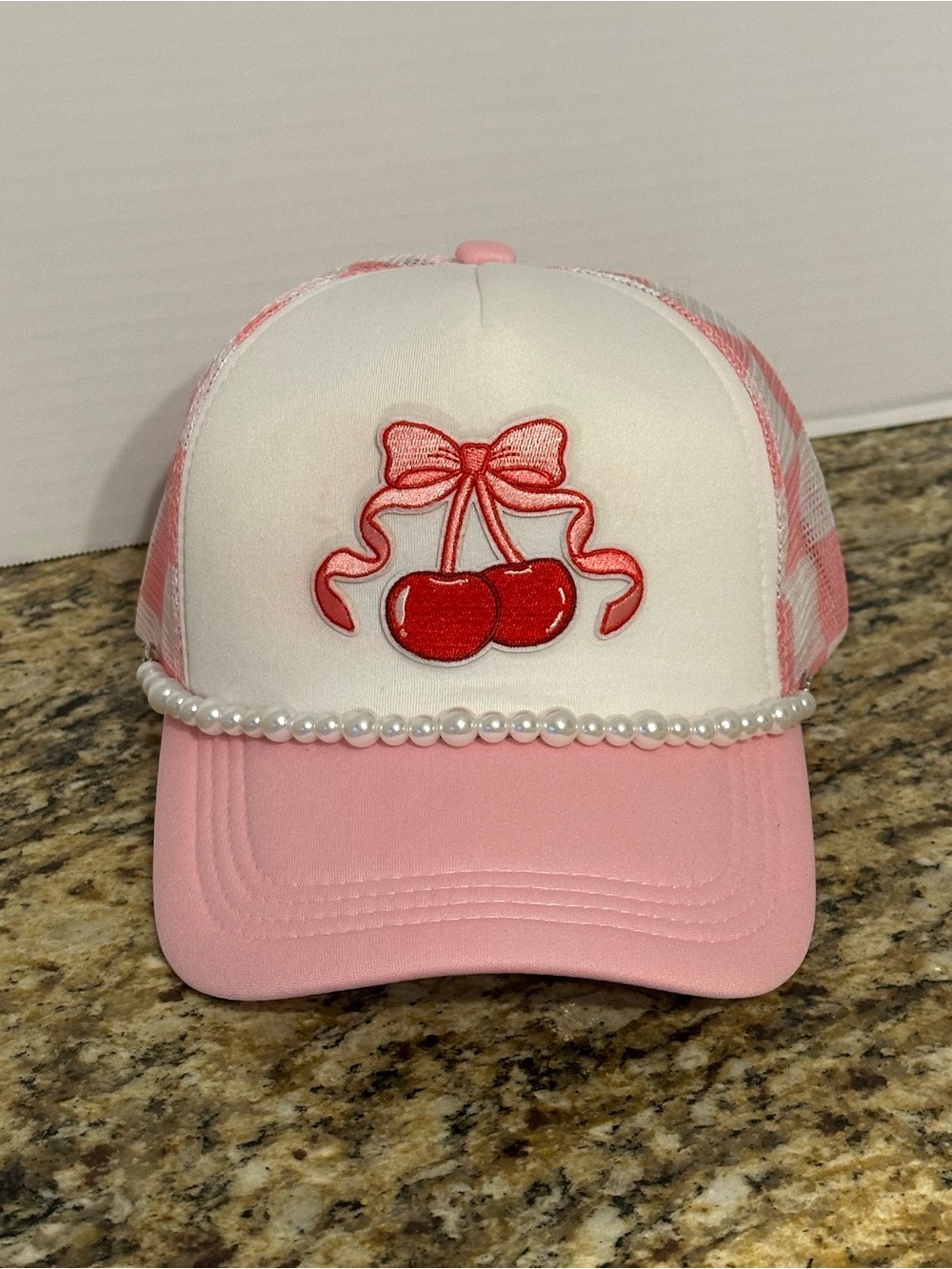 Pink Pearl-Trim Trucker Hat with Red Cherry Embroidery